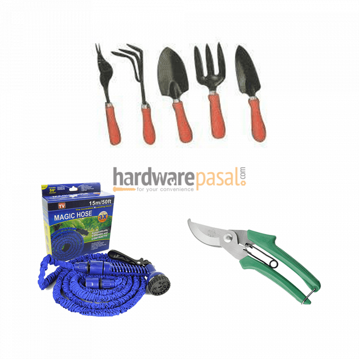 5 Pcs Garden Tool Set + Garden Scissor + 50Ft Magic Hose and Spray Gun