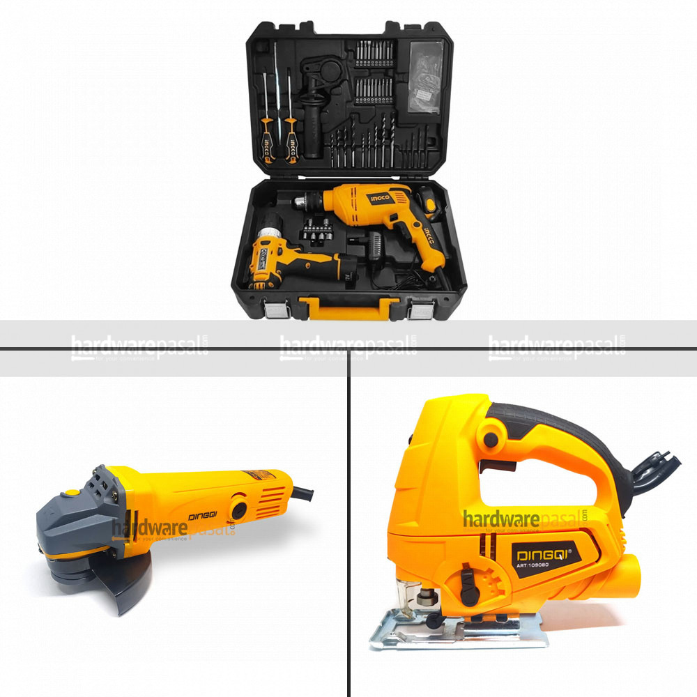 drill set box, angle grinder and jigsaw