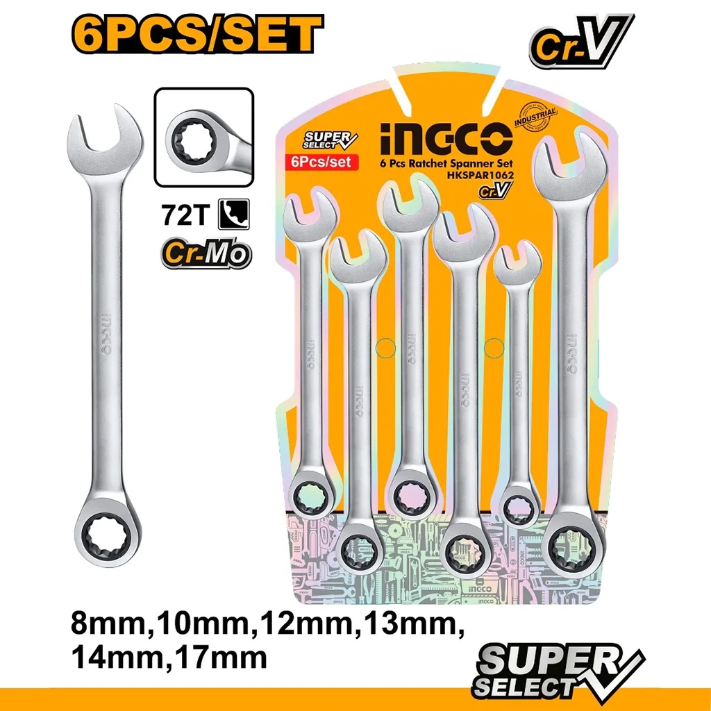 INGCO 6pcs 8-17mm Ratchet Spanner Set HKSPAR1062