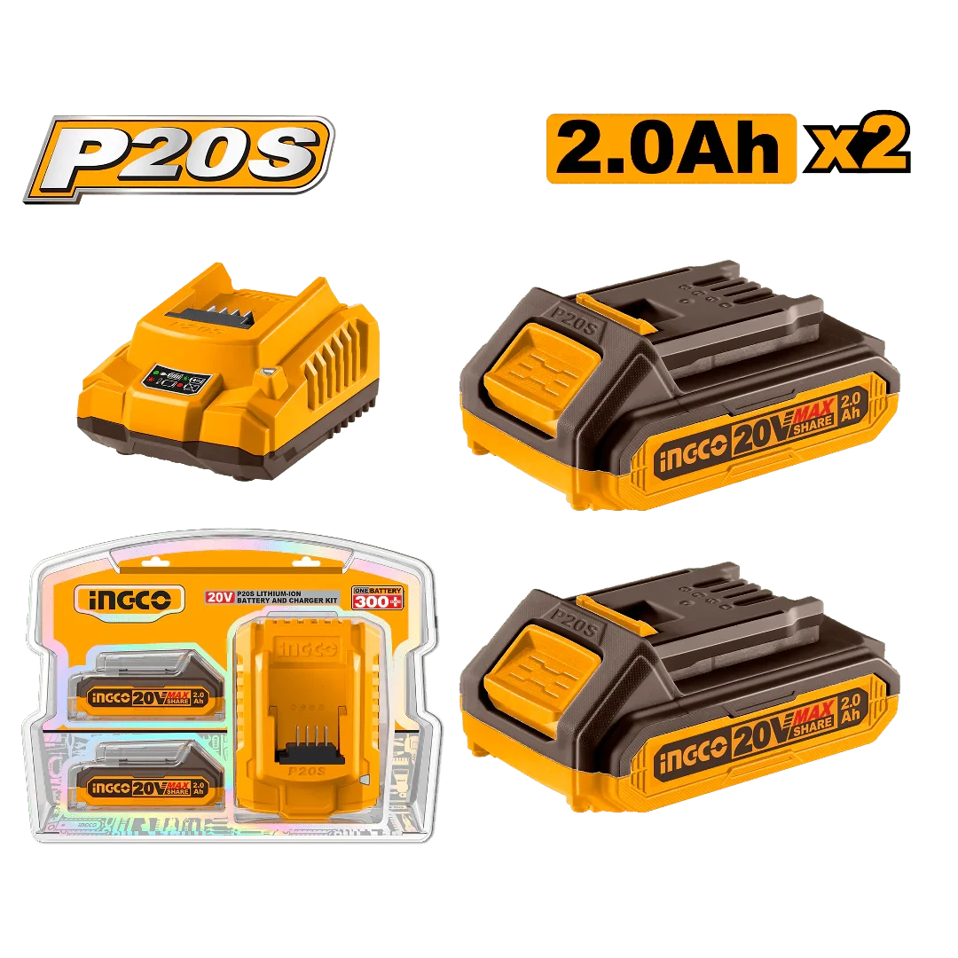 Ingco Two 20V 2.0Ah Lithium-Ion Battery Pack and Charger Kit FBCPK1222