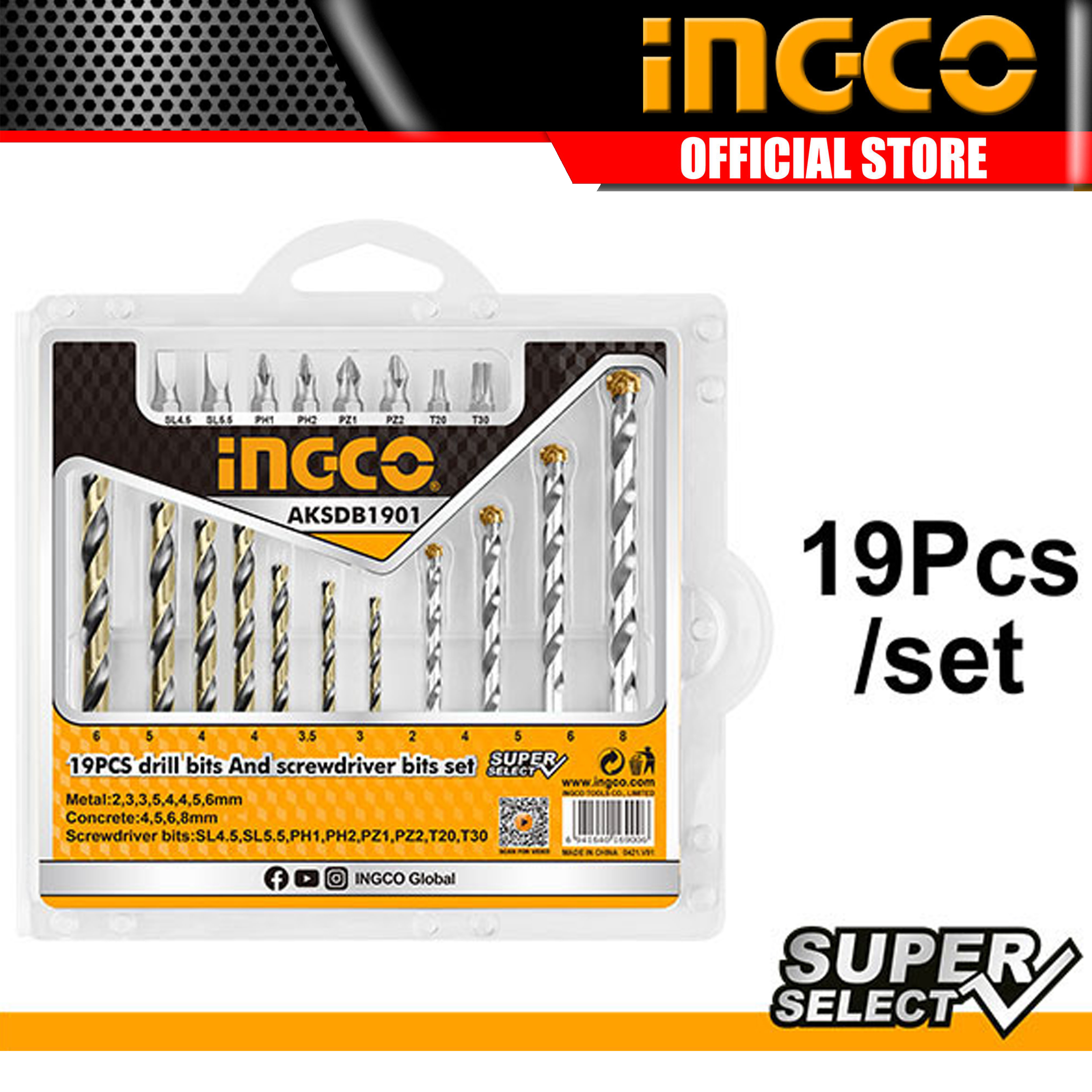 INGCO 19Pcs Drill Bits & Screwdriver Bits Set AKSDB1901