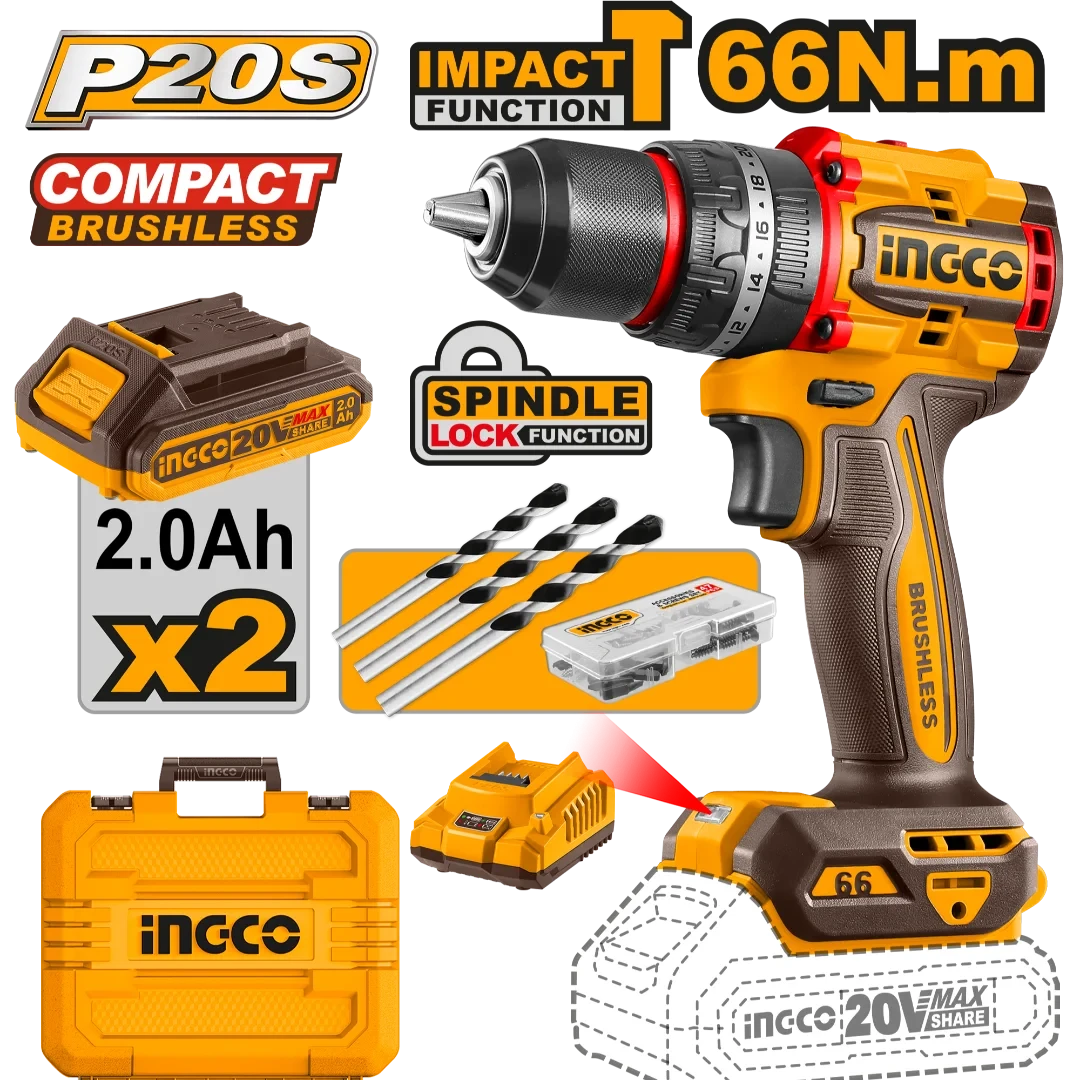 Ingco 20V Compact Brushless Cordless Impact Drill CIDLI20668
