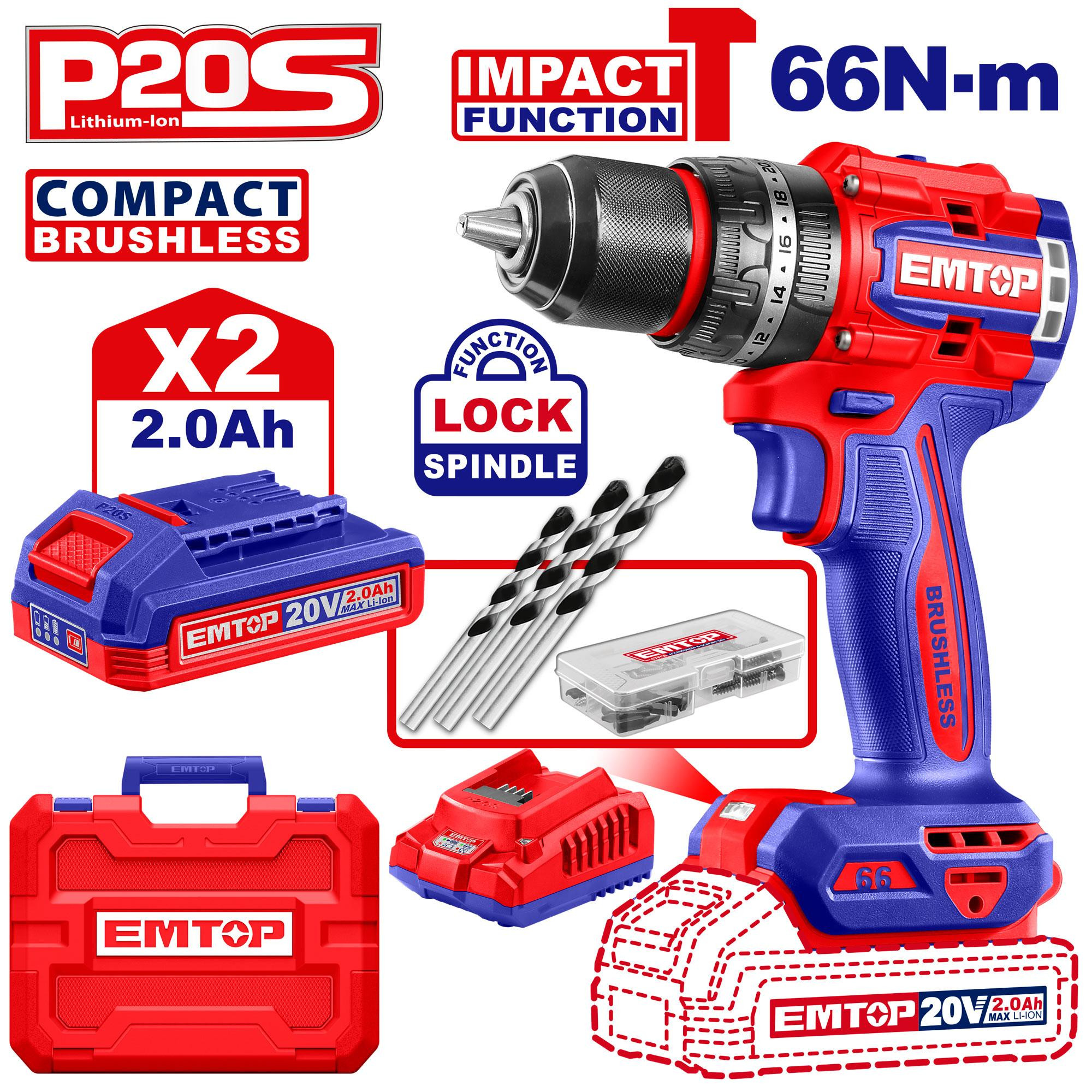 Emtop 20V Compact Brushless Cordless Impact Drill ECIDL20668