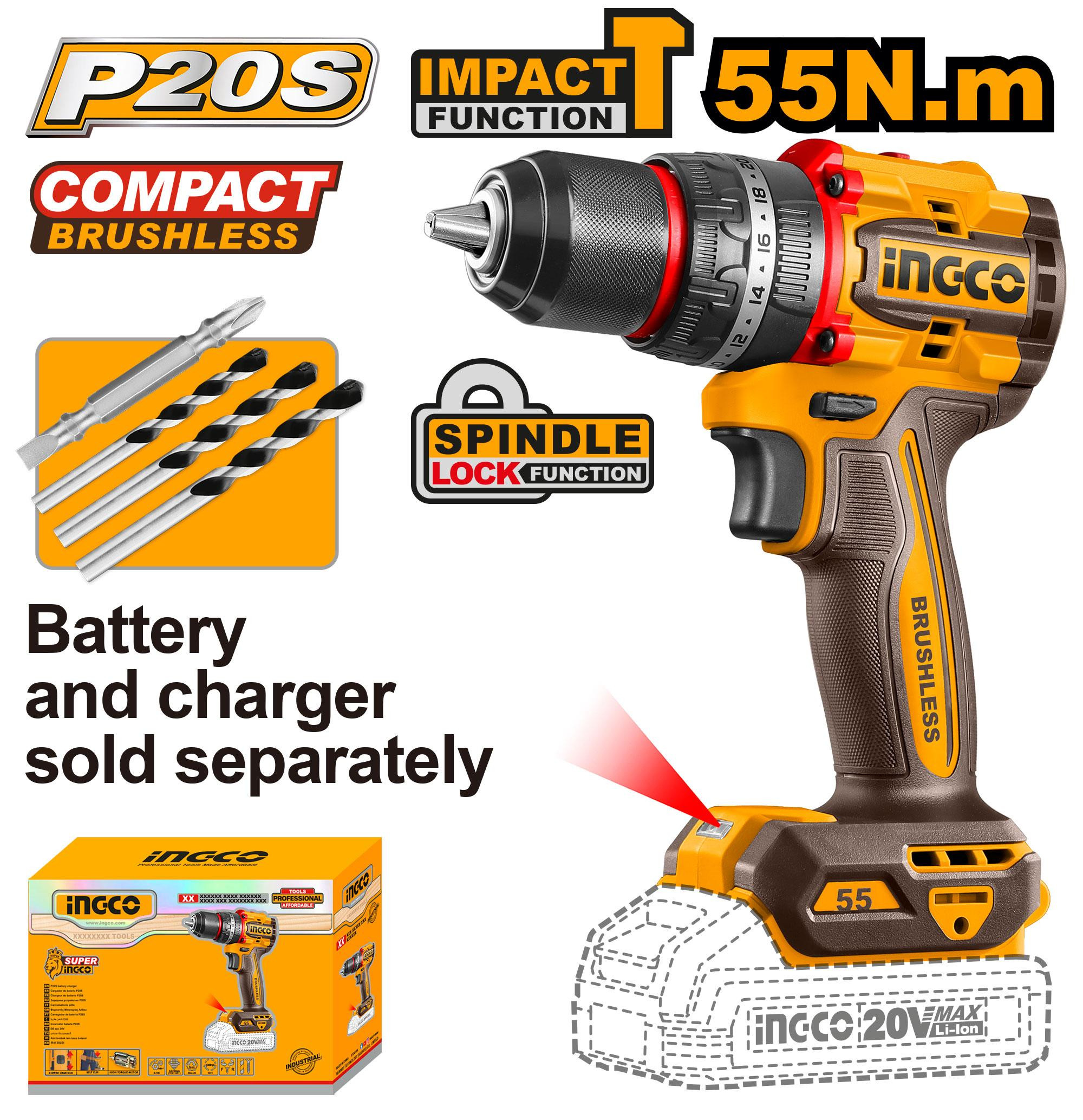 Ingco 20V Compact Brushless Cordless Impact Drill CIDLI205581