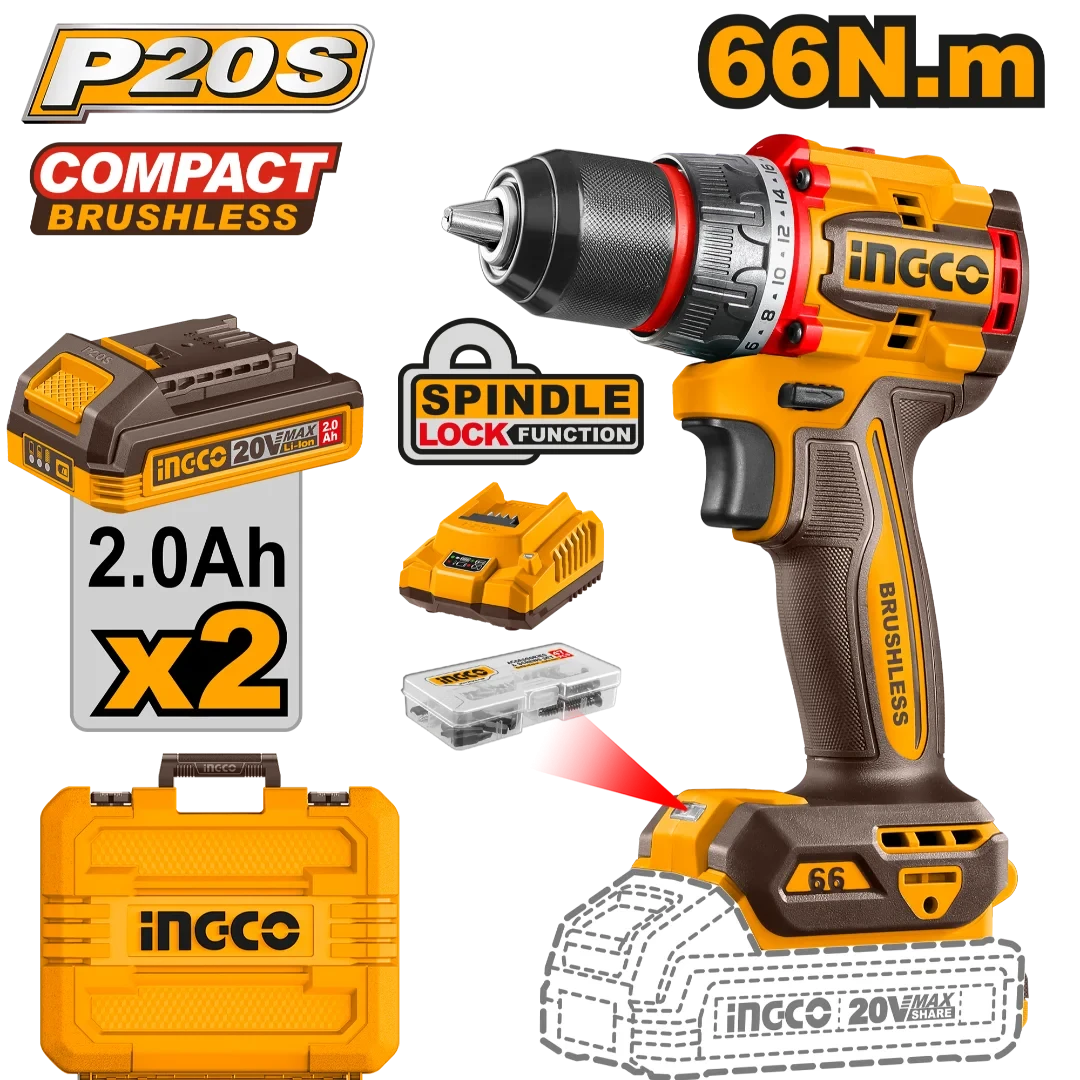 Ingco 20V Compact Brushless Cordless Drill CDLI20668