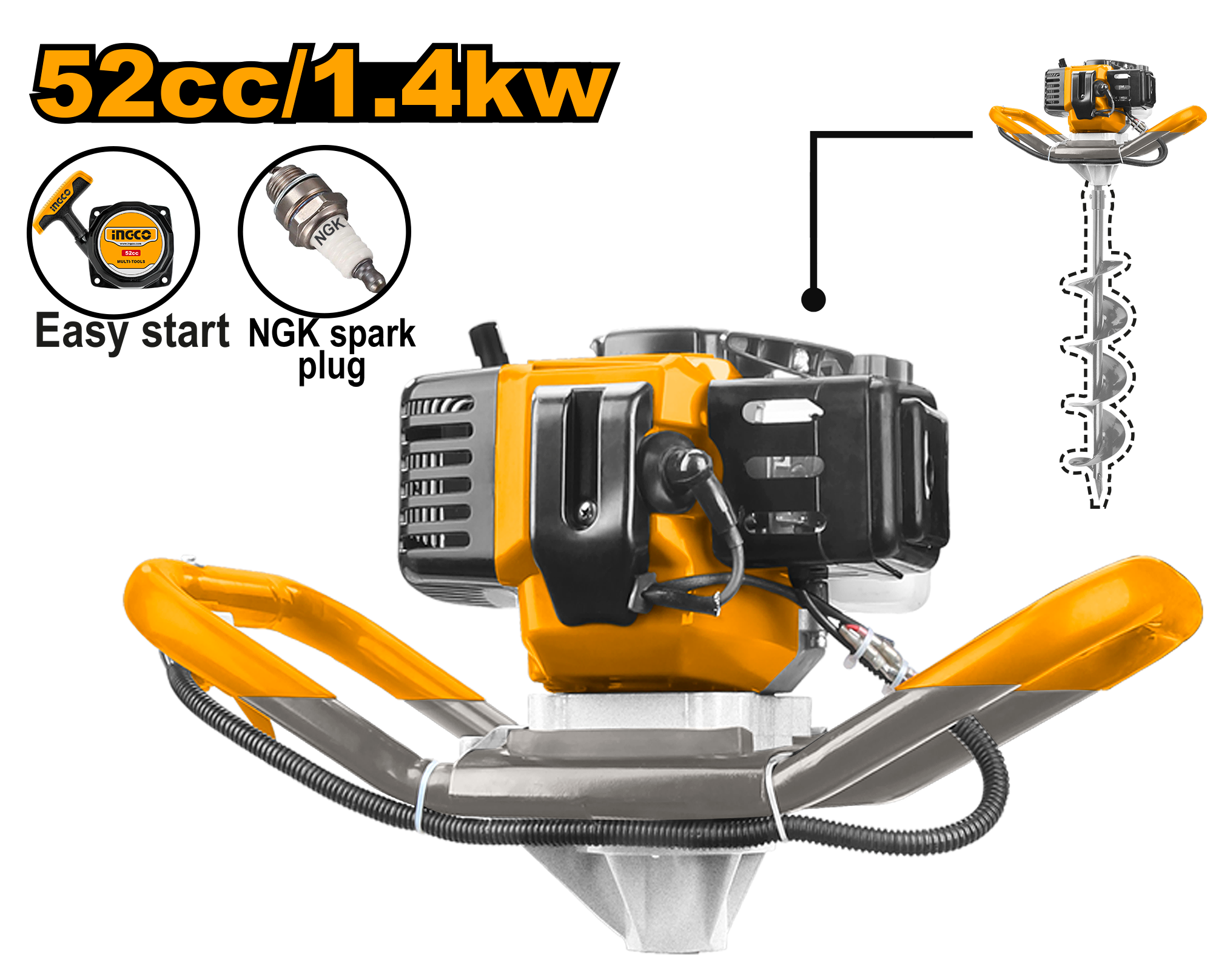 Combo Set of Ingco 52cc/1.4kw Earth auger GEA55221-1 and  Earth auger bits GEA55221-2