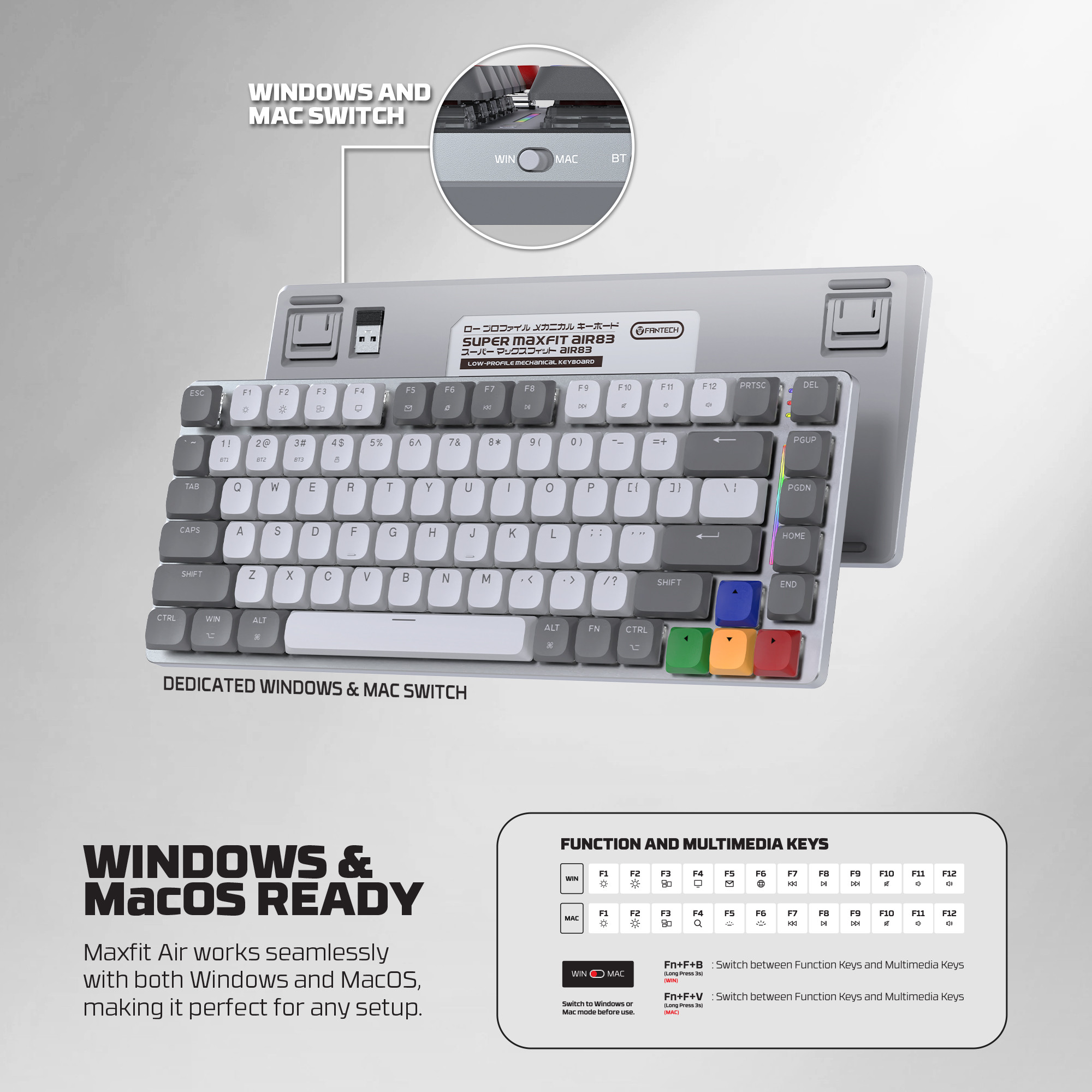 Fantech super maxfit air83 mk915 75% low profile wireless mechanical keyboard – 3 connection mode