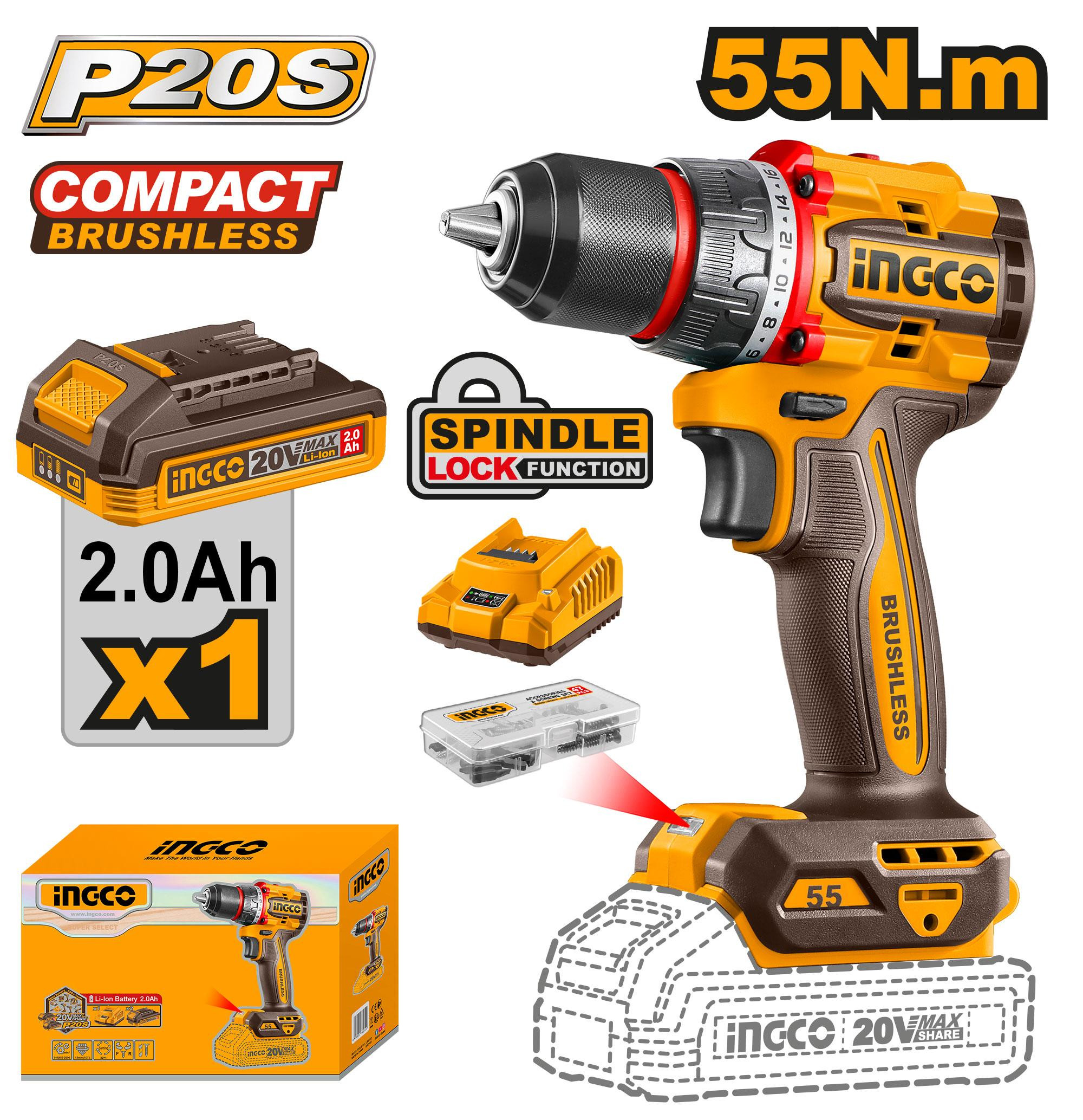 Ingco 20V Compact Brushless Cordless Drill CDLI205582
