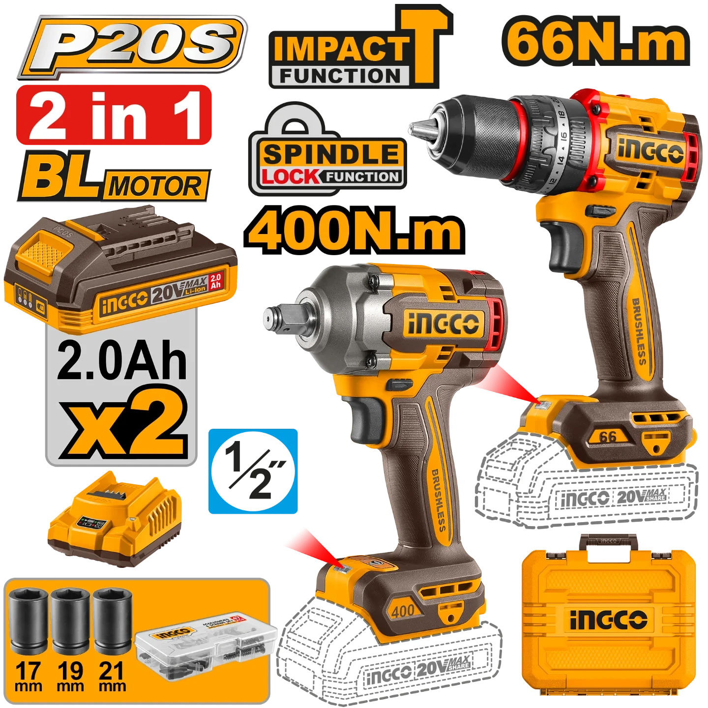 Ingco cordless 2 psc combo kit CKLI20275