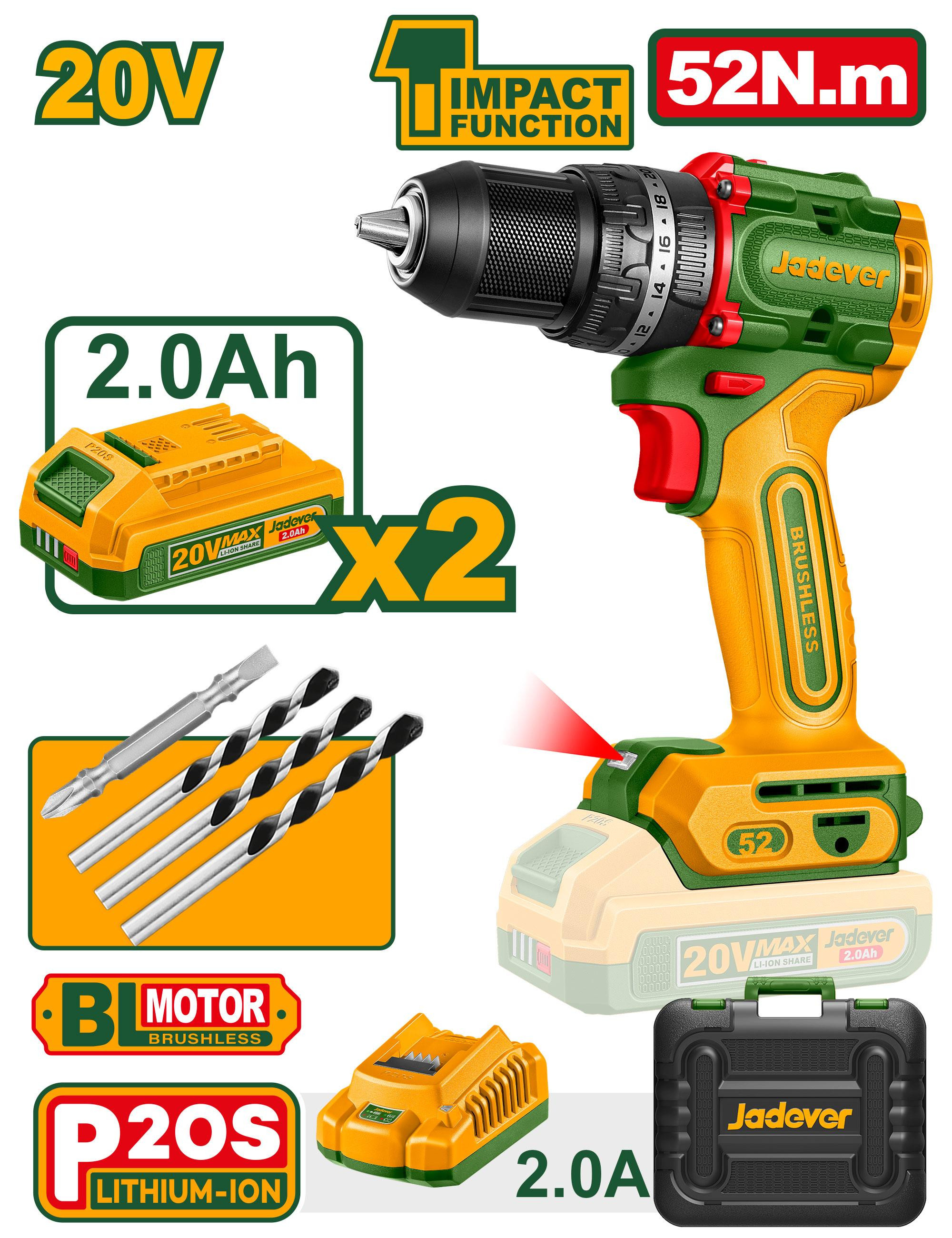 JDCDP5281 Compact Brushless Cordless Impact Drill 20V 52Nm