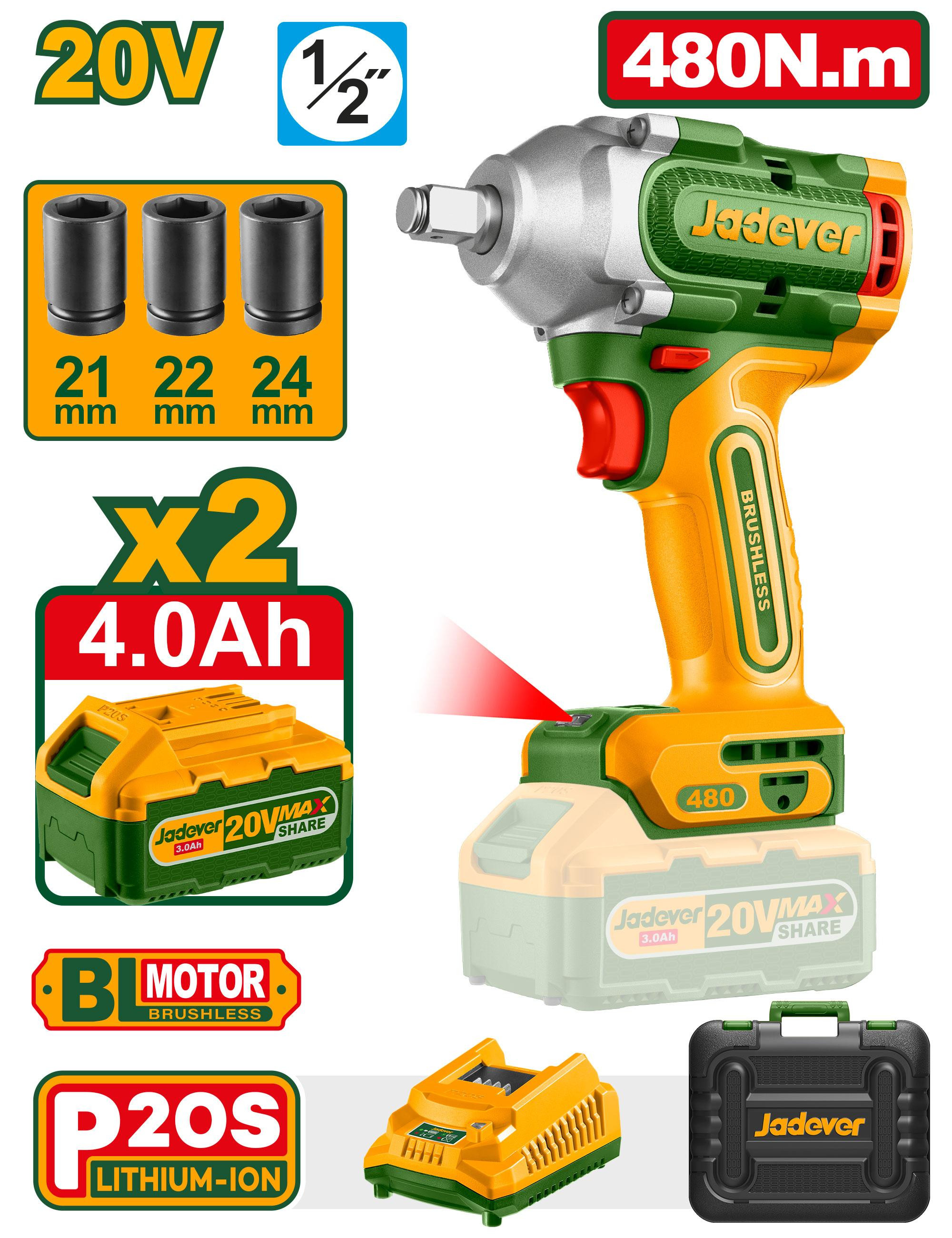 JDCD1B483 Cordless Impact Wrench 20V 480Nm Jadever
