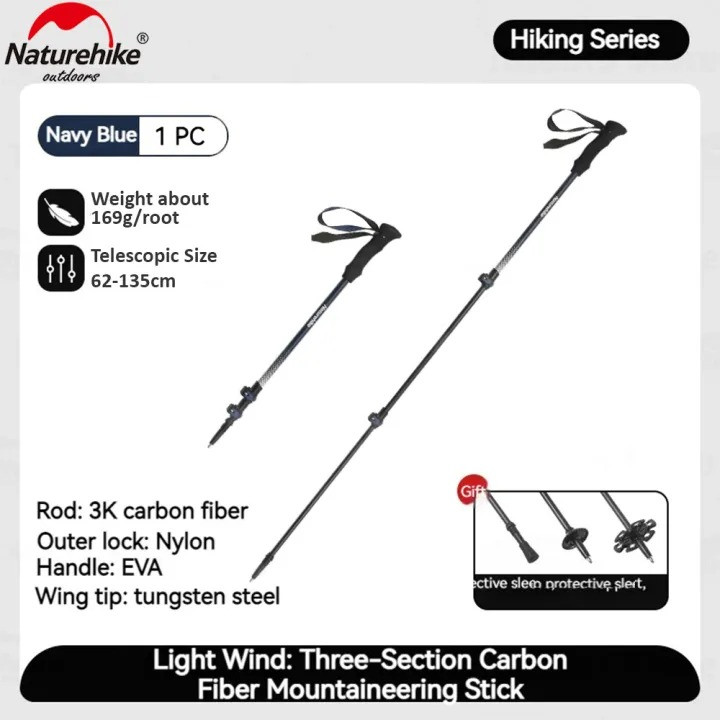 Naturehike Ultralight Walking Stick Hiking Stick 3k Carbon Fiber Telescopic 3-Section Trekking Pole Outdoor Climbing Sticks 120cm