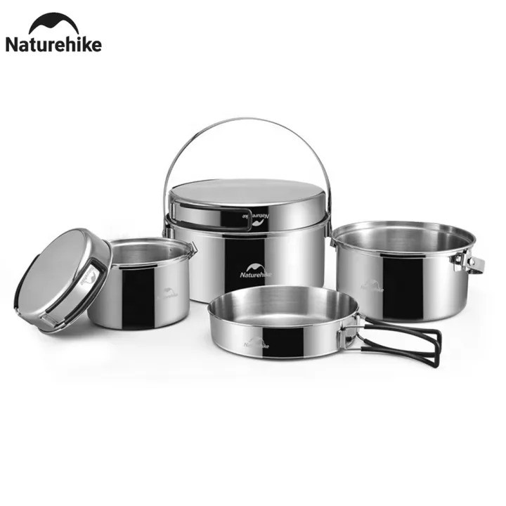 Naturehike Outdoor Picnic Camping Portable Cooking Cookware Tool 3 in 1 Stainless Steel Pot Set
