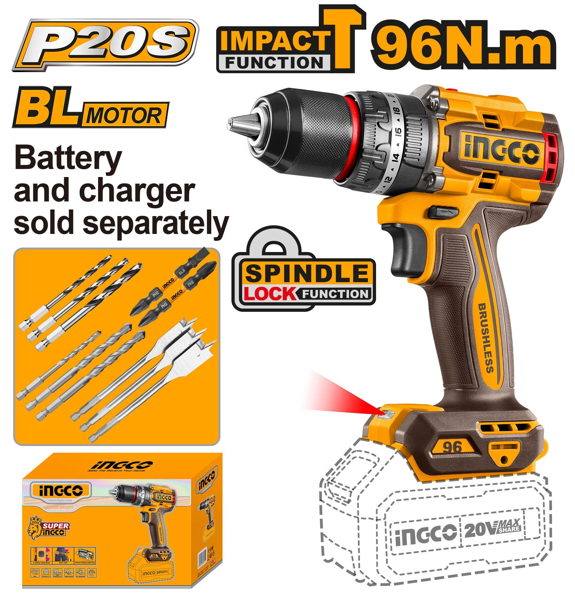 Ingco Brushless cordless impact drill CIDLI209681